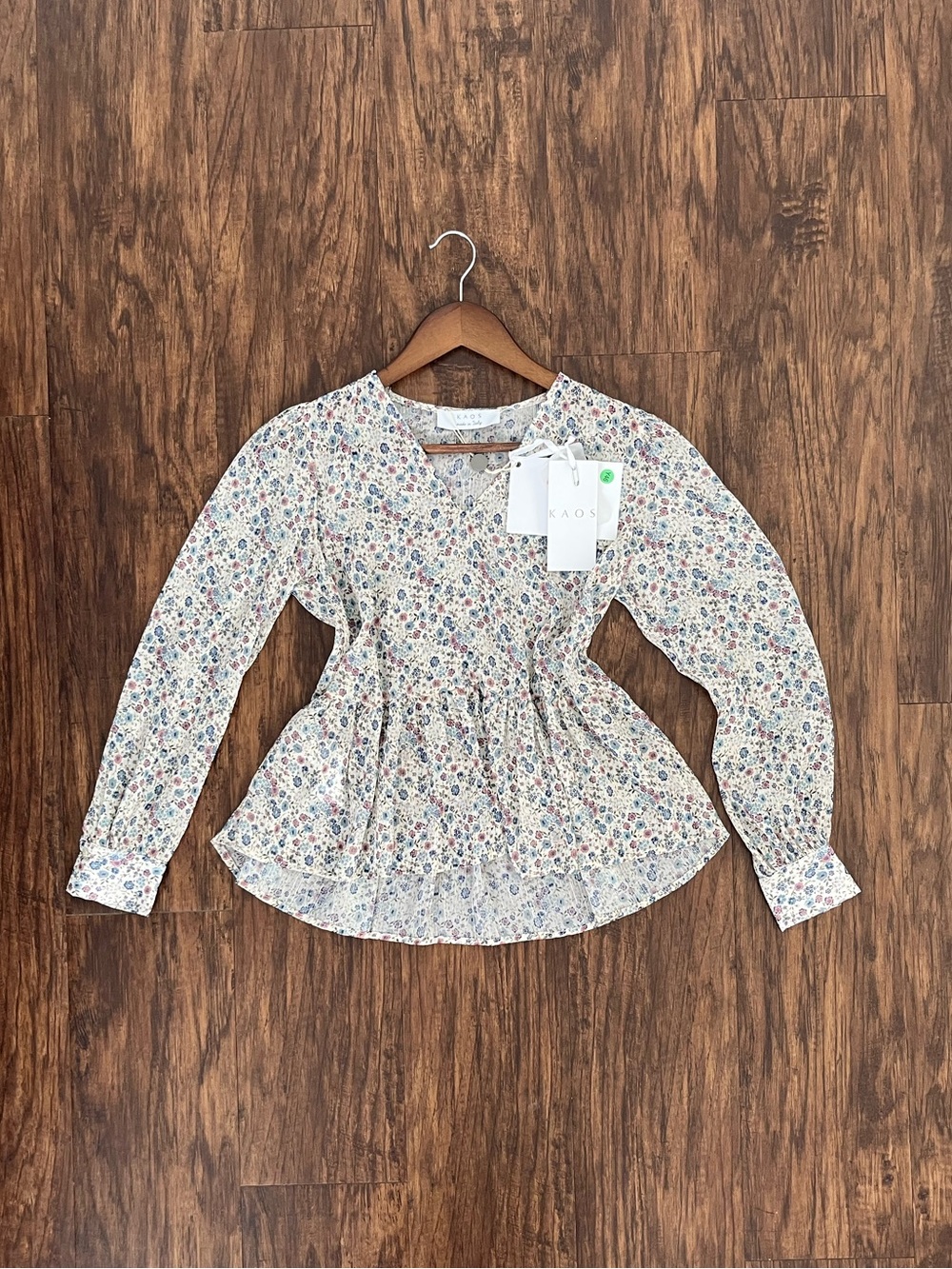 Tiered Cream Blouse with Blue/Pink Florals and Silver Thread Accents, Size 4